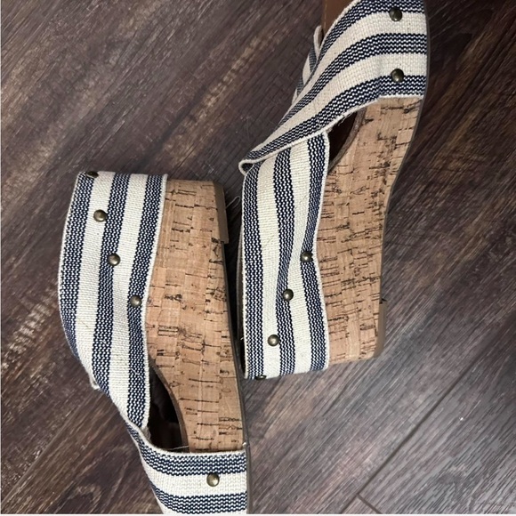 Navy Striped Wedge Sandals with Cork - Picture 7 of 8